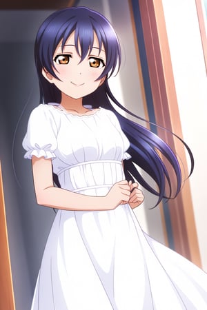 (llas, masterpiece, very aesthetic, absurdres, best quality:1.1),

1girl, solo, sonoda umi,

white dress, long dress,

closed mouth, smile,