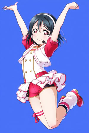 (llas, masterpiece, very aesthetic, absurdres, best quality:1.1),

1girl, yazawa nico, looking at viewer,

smile, closed mouth, 

(jumping), arms up,

idol outfit, micro shorts, headset, microphone, idol dress, leg strap, leg warmers,

(simple background:1.45),