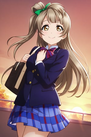 (llas, masterpiece, very aesthetic, absurdres, best quality:1.1),

1girl, solo, minami kotori,

(otowin, otonokizaka winter uniform:1.2), long sleeves, blue blazer,

closed mouth, smile,

school, outdoors, sunset, handbag,