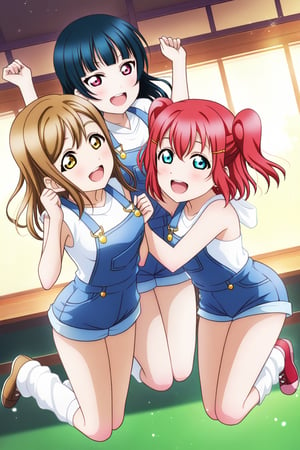 (llas, masterpiece, very aesthetic, absurdres, best quality:1.1),

3girls, multiple girls,

looking at viewer,

tsushima yoshiko, kunikida hanamaru, kurosawa ruby,

looking at viewer,

smile, open mouth,

(jumping, legs together),

micro shorts, footwear, loose socks, overalls,