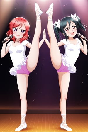 (llas, masterpiece, very aesthetic, absurdres, best quality:1.1),

2girls, multiple girls, side-by-side, (makinico:1.1), maki and nico, nishikino maki and yazawa nico, looking at viewer,

smile, open mouth, holding microphone,

(ballet, ballerina, ballet slippers:1.1), flexible, leg up, standing, (full body),

micro shorts, idol outfit, idol stage