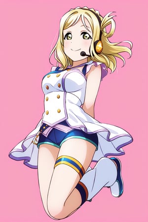 (llas, masterpiece, very aesthetic, absurdres, best quality:1.1),

1girl, ohara mari, looking at viewer,

smile, closed mouth, 

(jumping), arms behind back,

idol outfit, micro shorts, headset, microphone, idol dress, leg strap, leg warmers,

(simple background:1.45),