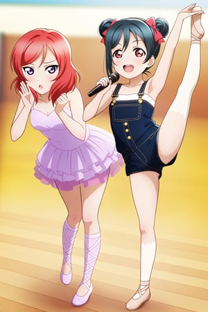 (llas, masterpiece, very aesthetic, absurdres, best quality:1.1),

2girls, multiple girls, side-by-side, (makinico:1.1), maki and nico, nishikino maki and yazawa nico, looking at viewer,

smile, open mouth, holding microphone,

(ballet, ballerina, ballet slippers:1.1), flexible, leg up, standing, (full body),

micro shorts, overalls, outdoors,