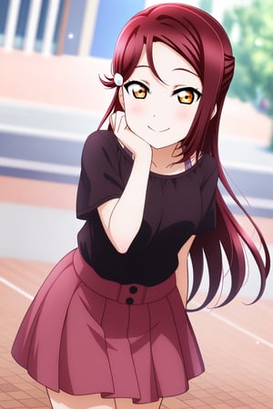 (llas, masterpiece, very aesthetic, absurdres, best quality:1.1),

1girl, solo, sakurauchi riko, 
smile, closed mouth,

casual, dark red top, pleated skirt,

outdoors,sidewalk,