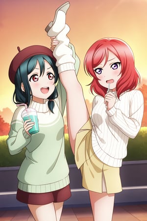 (llas, masterpiece, very aesthetic, absurdres, best quality:1.1),

2girls, multiple girls, side-by-side, (makinico:1.1), maki and nico, nishikino maki and yazawa nico, looking at another,

smile, open mouth, talking, (holding drink in a straw),

(flexible, leg up, standing split), loose socks,

(beret, sweater), 

outdoors, sunset,