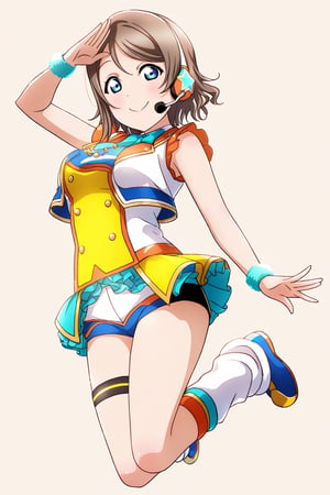 (llas, masterpiece, very aesthetic, absurdres, best quality:1.1),

1girl, watanabe you, looking at viewer,

smile, closed mouth, 

(jumping), salute,

idol outfit, micro shorts, headset, microphone, idol dress, leg strap, leg warmers,

(simple background:1.45),