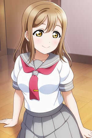 (llas, masterpiece, very aesthetic, absurdres, best quality:1.1),

1girl, solo, kunikida hanamaru,
smile, closed mouth,

(urasum, uranohoshi summer uniform:1.2), short sleeves, white serafuku,