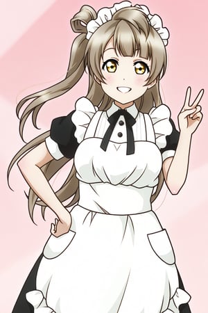 (llas, masterpiece, very aesthetic, absurdres, best quality:1.1),

1girl, solo, minami kotori,

smile, grin,

(minalinsky, chunchun maid:1.2), short sleeves, long skirt,


peace sign, hand on hip,