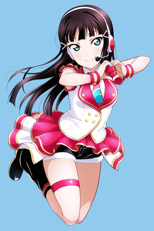 (llas, masterpiece, very aesthetic, absurdres, best quality:1.1),

1girl, kurosawa dia, looking at viewer,

smile, closed mouth, 

(jumping), heart hands,

idol outfit, micro shorts, headset, microphone, idol dress, leg strap, leg warmers,

(simple background:1.45),