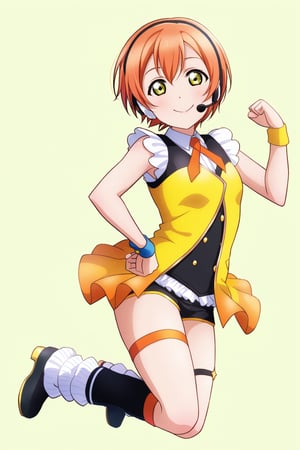 (llas, masterpiece, very aesthetic, absurdres, best quality:1.1),

1girl, hoshizora rin, looking at viewer,

smile, closed mouth, 

(jumping), clenched hand,

idol outfit, micro shorts, hand on hip, headset, microphone, idol dress, leg strap, leg warmers,

(simple background:1.45),