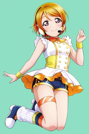 (llas, masterpiece, very aesthetic, absurdres, best quality:1.1),

1girl, hoshizora rin, looking at viewer,

smile, closed mouth, 

(jumping), koizumi hanayo,

idol outfit, micro shorts, headset, microphone, idol dress, leg strap, leg warmers,

(simple background:1.45),