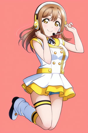 (llas, masterpiece, very aesthetic, absurdres, best quality:1.1),

1girl, kunikida hanamaru, looking at viewer,

smile, closed mouth, 

(jumping), hands up,

idol outfit, micro shorts, headset, microphone, idol dress, leg strap, leg warmers,

(simple background:1.45),