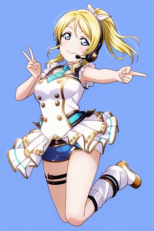 (llas, masterpiece, very aesthetic, absurdres, best quality:1.1),

1girl, ayase eli, looking at viewer,

smile, closed mouth, 

(jumping), peace sign,

idol outfit, micro shorts, headset, microphone, idol dress, leg strap, leg warmers,

(simple background:1.45),