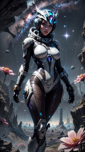 MASTERPIECE,BEST QUALITY,UHD,16k,Ultra sharp,A futuristic space ranger stands proudly at the forefront of a breathtaking, retro-styled alien landscape. She's surrounded by an array of vibrant, extraterrestrial flowers with strange, glowing growths and twisted petals. The cosmic terrain stretches out before her, featuring towering, crystalline formations and iridescent mist. The subject's spacesuit is adorned with gleaming, metallic accents, as she surveys the wonders of this uncharted, otherworldly world.