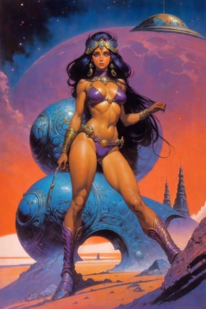 Prompt: 80s,science fiction,bookcover ilustration, beautyful Girl,space, methurlant,Frazetta