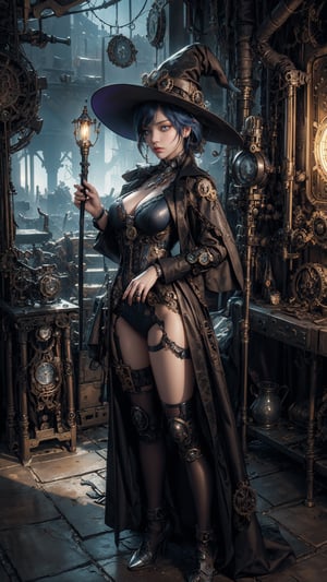 "best quality, masterpiece, ((steampunk witch)), holding a staff, confident stance, revealing clothes with intricate gears and cogs, glowing blue eyes, standing in a smoky industrial landscape, Victorian-era buildings in the background, twilight sky, dramatic lighting, high resolution, highly detailed, fantasy art"