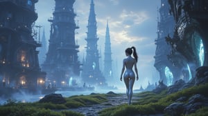 A young girl exploring a surrealistic science fiction city, where buildings are shaped like enormous, twisting shells and coral structures, glowing with a bioluminescent hue. She wears a sleek silver jumpsuit with holographic patterns, her hair tied in a high ponytail. The ground is covered in a strange, soft moss that pulsates with light under her feet. The atmosphere is thick with mist, illuminated by floating orbs that provide a soft, dreamlike light. In the background, massive, transparent towers rise into a sky filled with swirling galaxies, blending reality with a dream-like quality.
