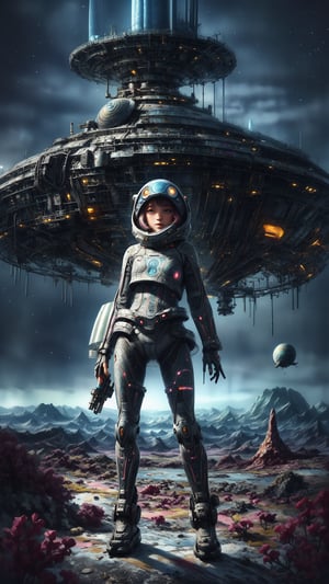 "((masterpiece)), highly detailed, digital illustration, a young girl standing on a vast, alien landscape, interacting with a gigantic snail with glowing patterns on its shell, the snail’s antennae waving gently as it gazes at her, surreal and dreamlike atmosphere, blending elements of science fiction and fantasy, the girl’s futuristic outfit adorned with small gadgets and lights, vibrant colors contrasting with the strange, otherworldly environment, a sense of curiosity and wonder",Mysticstyle,Add more detail