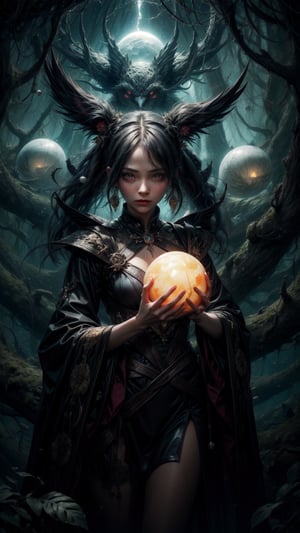 A young girl with porcelain skin and raven-black hair, inspired by the eerie mysticism of Hieronymus Bosch's fantastical creatures, stands amidst a surreal landscape of twisted vines and glowing orbs. Soft focus, warm lighting, and vibrant colors bring her dreamlike world to life.