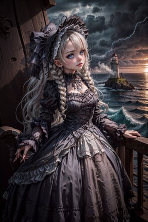 ((Gothic Lolita girl)), lighthouse, stormy seas, dramatic cliffs, swirling mist, haunting atmosphere,lodress