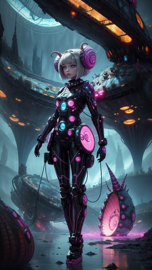 "((masterpiece)), highly detailed, digital illustration, a young girl standing on a vast, alien landscape, interacting with a gigantic snail with glowing patterns on its shell, the snail’s antennae waving gently as it gazes at her, surreal and dreamlike atmosphere, blending elements of science fiction and fantasy, the girl’s futuristic outfit adorned with small gadgets and lights, vibrant colors contrasting with the strange, otherworldly environment, a sense of curiosity and wonder",Mysticstyle