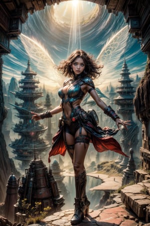 A whimsical masterpiece of science fiction landscapes: A pixie girl stands at the edge of a planetary portal, her delicate wings outstretched as she gazes out into the swirling clouds of a distant planet. Soft sunlight casts a warm glow on the terrain, illuminating the lush greenery and rust-red rock formations. Vibrant neon hues dance across the horizon, where a futuristic cityscape rises like a shimmering mirage. The pixie's long, curly hair flows in the gentle breeze as she reaches out to touch the glowing portal.