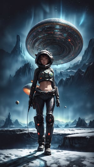 "((masterpiece)), highly detailed, digital illustration, a young girl standing on a vast, alien landscape, interacting with a gigantic snail with glowing patterns on its shell, the snail’s antennae waving gently as it gazes at her, surreal and dreamlike atmosphere, blending elements of science fiction and fantasy, the girl’s futuristic outfit adorned with small gadgets and lights, vibrant colors contrasting with the strange, otherworldly environment, a sense of curiosity and wonder",Mysticstyle,Add more detail