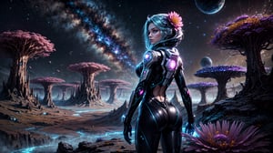 A futuristic space ranger stands proudly at the forefront of a breathtaking, retro-styled alien landscape. She's surrounded by an array of vibrant, extraterrestrial flowers with strange, glowing growths and twisted petals. The cosmic terrain stretches out before her, featuring towering, crystalline formations and iridescent mist. The subject's spacesuit is adorned with gleaming, metallic accents, as she surveys the wonders of this uncharted, otherworldly world. Looking Back,Cowboy Shot