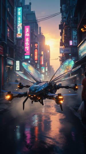 Cinematic scene, Robot designed as a futuristic((( DragonFly))), flying through a bustling cyberpunk city alley, illuminated by neon signs and holographic billboards, reflections of the city’s bright colors on the wet street, golden hour light breaking through the buildings, dynamic lighting effects, rule of thirds, ultra-realistic rendering, capturing the fine mechanics of the Robot drone.,Enhanced all,noc-futuristic,AhFutur