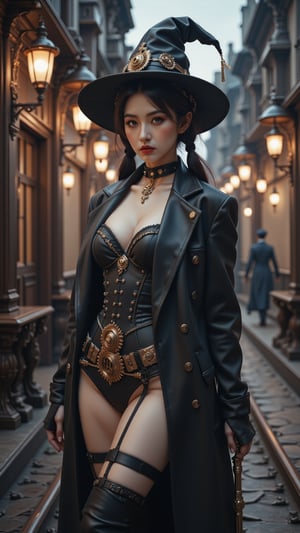 "best quality, masterpiece, ((steampunk  young cute witch Girl)), ((Japanese Cosplayer Beauty)),holding a staff, confident stance, revealing clothes with corset,witch hat, intricate gears and cogs, Gorgeous eyes, standing in a smoky industrial landscape, Victorian-era buildings in the background, twilight sky, dramatic lighting, high resolution, highly detailed, fantasy art",Photorealistic,Fantasy detailers,Enhanced all,wonder beauty