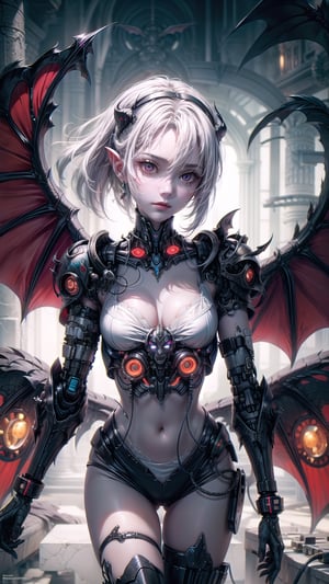 "High-resolution photo, close-up of cyborg succubus, white plastic face, glossy finish, detailed circuitry, white demon wings in the background, shallow depth of field, soft focus on background, cinematic lighting