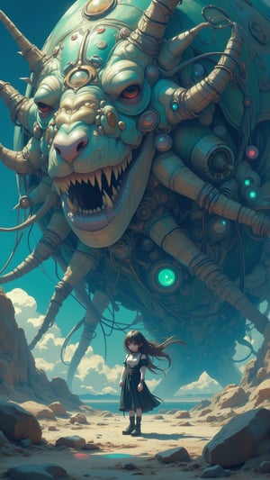 ((masterpiece)), highly detailed, digital illustration, a young girl standing on a vast, alien landscape, interacting with a gigantic snail with glowing patterns on its shell, the snail’s antennae waving gently as it gazes at her, surreal and dreamlike atmosphere, blending elements of science fiction and fantasy, the girl’s futuristic outfit adorned with small gadgets and lights, vibrant colors contrasting with the strange, otherworldly environment, a sense of curiosity and wonder",Mysticstyle,Add more detail,Enhanced all,Midjourneyart