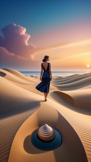 "((Mysterious girl)) standing in a surreal ((Art-Deco-inspired)) landscape, ((mesmerizing)) shell at her feet, dynamic composition, rule of thirds, ((twilight)) ambiance, dune stretching into the horizon, (ultra-detailed),, best quality, high resolution, atmospheric, ((sublime)),, painterly,nodf_lora,magiabaiser