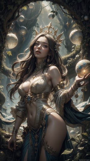 A modern interpretation of Hieronymus Bosch's fantastical creatures, a young girl stands confidently amidst swirling clouds and mystical energies. Her long hair flows like tendrils of ivy, framing her ethereal face as she gazes upward, surrounded by delicate, glowing orbs. The atmosphere is bathed in soft, luminescent light, with subtle shading and texture evoking the intricate detail of Bosch's original works.