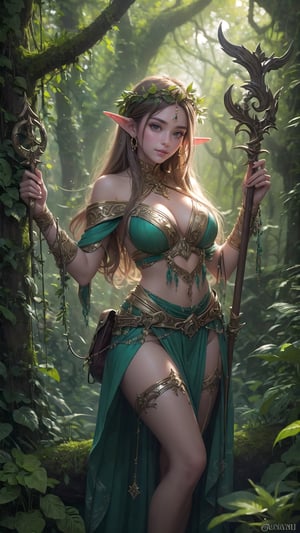 Elf Princess, ancient forest ruins, holding a magical staff, soft beams of light filtering through the trees, dressed in revealing ethereal clothes, mystical atmosphere, (fantasy realism), (highly detailed), (Artgerm style), lush greenery, enchanted vines, glowing runes