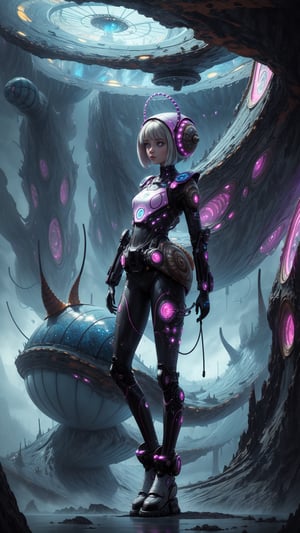 "((masterpiece)), highly detailed, digital illustration, a young girl standing on a vast, alien landscape, interacting with a gigantic snail with glowing patterns on its shell, the snail’s antennae waving gently as it gazes at her, surreal and dreamlike atmosphere, blending elements of science fiction and fantasy, the girl’s futuristic outfit adorned with small gadgets and lights, vibrant colors contrasting with the strange, otherworldly environment, a sense of curiosity and wonder",Mysticstyle,Add more detail