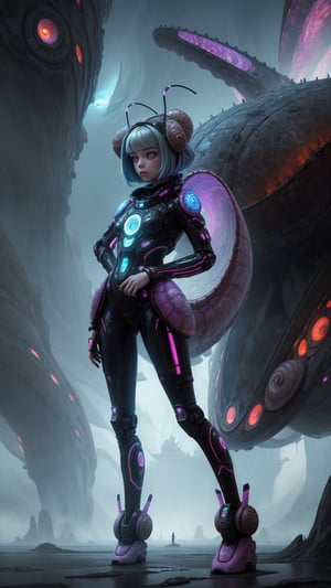 "((masterpiece)), highly detailed, digital illustration, a young girl standing on a vast, alien landscape, interacting with a gigantic snail with glowing patterns on its shell, the snail’s antennae waving gently as it gazes at her, surreal and dreamlike atmosphere, blending elements of science fiction and fantasy, the girl’s futuristic outfit adorned with small gadgets and lights, vibrant colors contrasting with the strange, otherworldly environment, a sense of curiosity and wonder",Mysticstyle,Add more detail