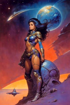 Prompt: 80s,science fiction,bookcover ilustration, beautyful Girl,space, methurlant,Frazetta