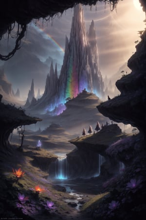 Three elves, each with a unique, heart-shaped face and vibrant, multi-hued locks that cascade down their backs like a rainbow waterfall. They don ELFOUTIFITS of iridescent fabrics, blending seamlessly into the alien planet's flora and fauna. Amidst the expedition's research camp, they pose amidst a tapestry of glowing sunlight-kissed cosmic landscapes, surrounded by towering crystal formations and bioluminescent wildflowers.