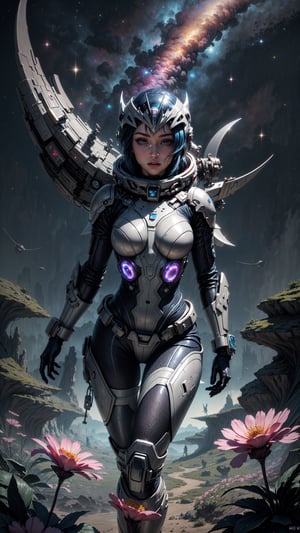 MASTERPIECE,BEST QUALITY,UHD,16k,Ultra sharp,A futuristic space ranger stands proudly at the forefront of a breathtaking, retro-styled alien landscape. She's surrounded by an array of vibrant, extraterrestrial flowers with strange, glowing growths and twisted petals. The cosmic terrain stretches out before her, featuring towering, crystalline formations and iridescent mist. The subject's spacesuit is adorned with gleaming, metallic accents, as she surveys the wonders of this uncharted, otherworldly world.