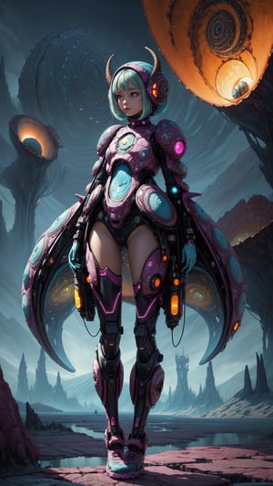 "((masterpiece)), highly detailed, digital illustration, a young girl standing on a vast, alien landscape, interacting with a gigantic snail with glowing patterns on its shell, the snail’s antennae waving gently as it gazes at her, surreal and dreamlike atmosphere, blending elements of science fiction and fantasy, the girl’s futuristic outfit adorned with small gadgets and lights, vibrant colors contrasting with the strange, otherworldly environment, a sense of curiosity and wonder",Mysticstyle,Add more detail