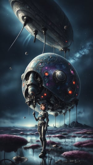 "((masterpiece)), highly detailed, digital illustration, a young girl standing on a vast, alien landscape, interacting with a gigantic snail with glowing patterns on its shell, the snail’s antennae waving gently as it gazes at her, surreal and dreamlike atmosphere, blending elements of science fiction and fantasy, the girl’s futuristic outfit adorned with small gadgets and lights, vibrant colors contrasting with the strange, otherworldly environment, a sense of curiosity and wonder",Mysticstyle,Add more detail