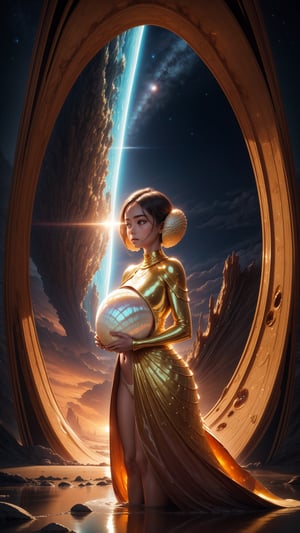 "best quality, golden hour, a young girl standing on an alien shoreline, cradling a large shell with a mother-of-pearl finish, the shell reflecting the golden light of an alien sun, the landscape dotted with bioluminescent plants and distant, towering structures, rule of thirds composition, her expression a mix of awe and curiosity, photorealistic, high resolution, a surreal blend of science fiction and fantasy"",DonM71m37r4v3l