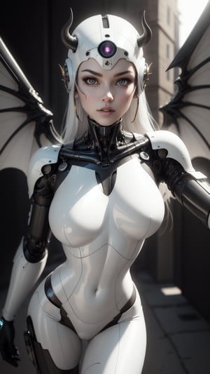 "Photorealistic image, cyborg succubus with ((white Glossy plastic skin)), glossy and reflective surface,  ((white demon wings)), rule of thirds composition, golden hour lighting, urban landscape, high contrast,cyborg,dynamic Angle