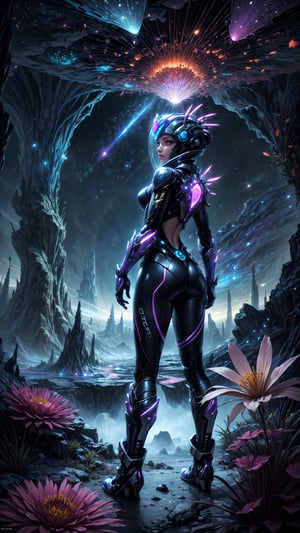 A futuristic space ranger stands proudly at the forefront of a breathtaking, retro-styled alien landscape. She's surrounded by an array of vibrant, extraterrestrial flowers with strange, glowing growths and twisted petals. The cosmic terrain stretches out before her, featuring towering, crystalline formations and iridescent mist. The subject's spacesuit is adorned with gleaming, metallic accents, as she surveys the wonders of this uncharted, otherworldly world. Looking Back