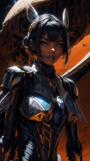  Against the stark backdrop of the lunar surface, the wasp girl anthropomorph with Steel Wasp Wings  strides confidently, her metallic exoskeleton glinting in the harsh light of the sun. Behind her, the sleek silhouette of a futuristic spacecraft hovers ominously, its engines humming softly as it prepares for departure into the vast unknown of space.,More Detail,wasp,