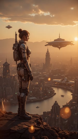 Cinematic wide shot of a space babe standing on a platform overlooking a bustling spaceport at golden hour, massive starships casting long shadows, a Saturn-like planet with vivid rings in the sky, detailed space suit with glowing lights, rule of thirds composition, lens flare from the setting sun, sharp details in both the foreground and background, soft focus on the distant structures, vibrant and dynamic lighting.