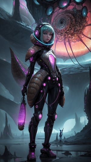 "((masterpiece)), highly detailed, digital illustration, a young girl standing on a vast, alien landscape, interacting with a gigantic snail with glowing patterns on its shell, the snail’s antennae waving gently as it gazes at her, surreal and dreamlike atmosphere, blending elements of science fiction and fantasy, the girl’s futuristic outfit adorned with small gadgets and lights, vibrant colors contrasting with the strange, otherworldly environment, a sense of curiosity and wonder",Mysticstyle,Add more detail