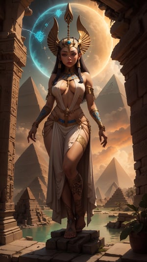 "surreal painting, mystical girl with a glowing aura, sphinx with ancient runes, islands floating effortlessly, towering pyramids emitting a soft glow, dusk, magical realism, ((highly detailed)), ,egyptian clothes