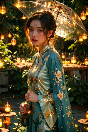 an asian woman holding a transparent umbrella adorned with numerous small, glowing lights. These lights are arranged in a pattern that resembles a string of fairy lights, which gives the umbrella a magical or whimsical appearance. The individual is dressed in a long-sleeve top and appears to be posing for the photograph. The background suggests an indoor setting with brick walls and additional decorative lighting, contributing to the overall enchanting atmosphere of the scene.